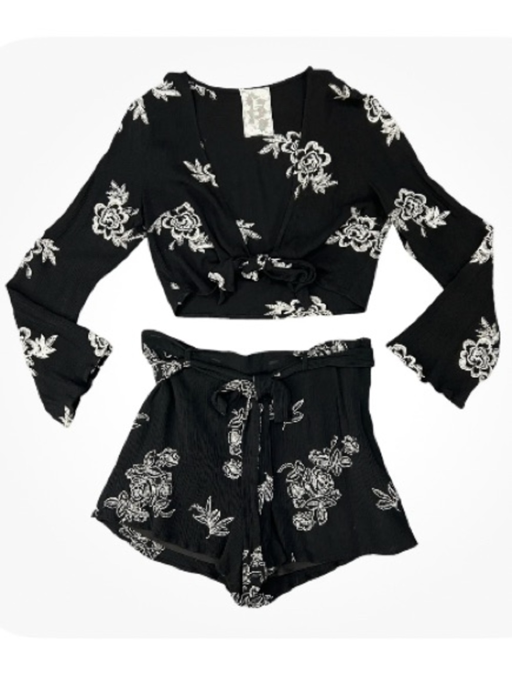 Sadie & Sage Black Floral Tie-Front Crop Top & Shorts Set